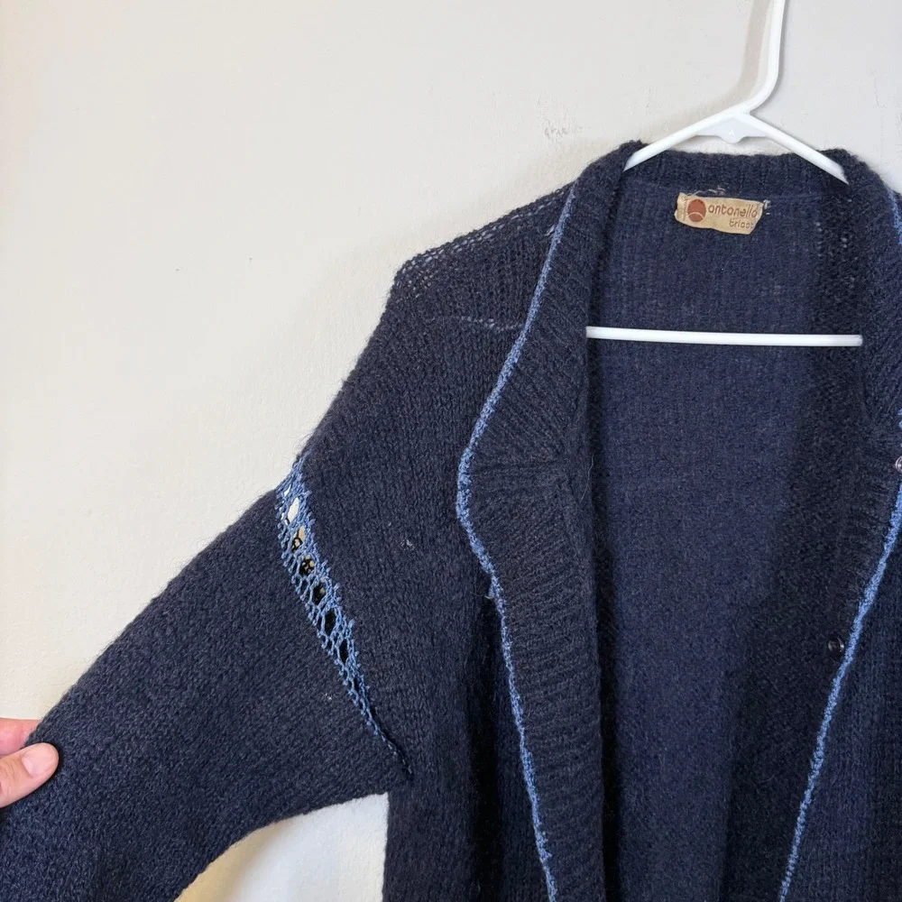 Antonella Tricot Vintage Mohair Wool Cardigan Navy Blue Crochet Trim Made‎ Italy
